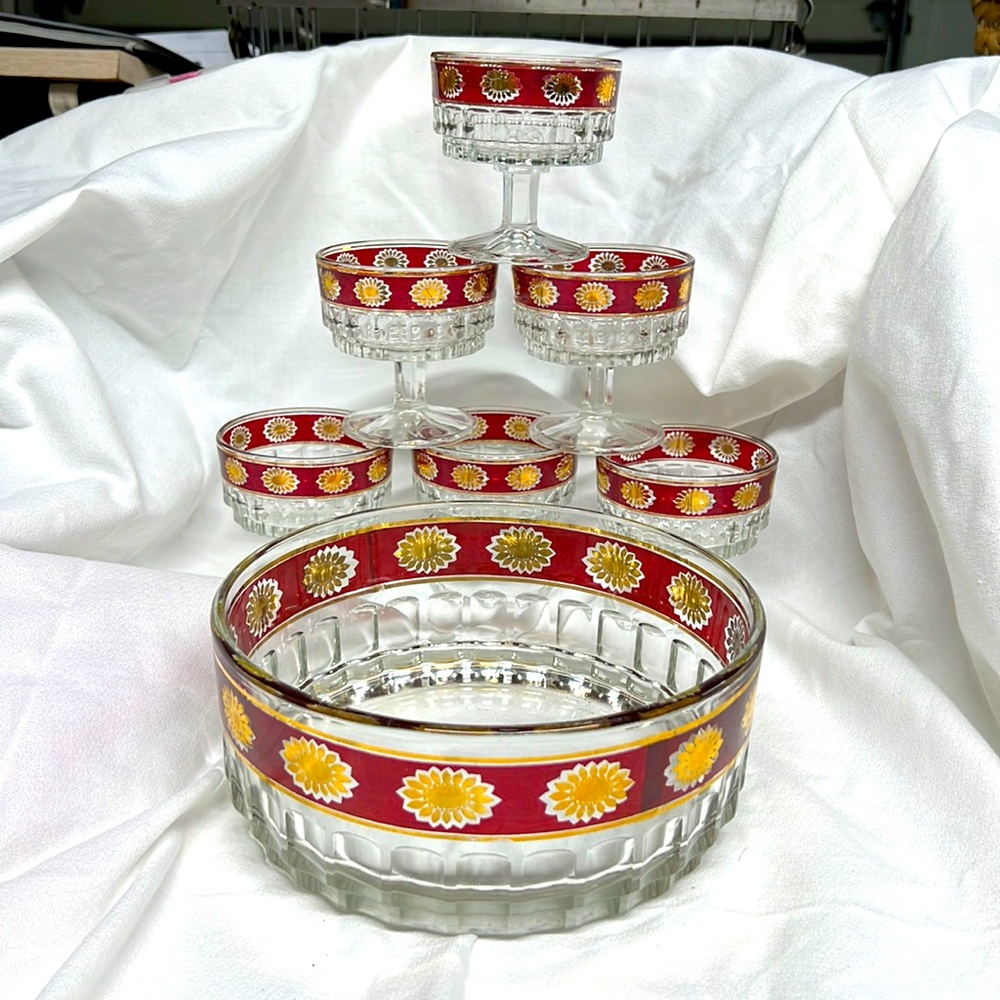 Stampi Fancolini Dessert Trifle Bowl Set, Ruby Red Gold, Vintage 1960's 6 Bowls